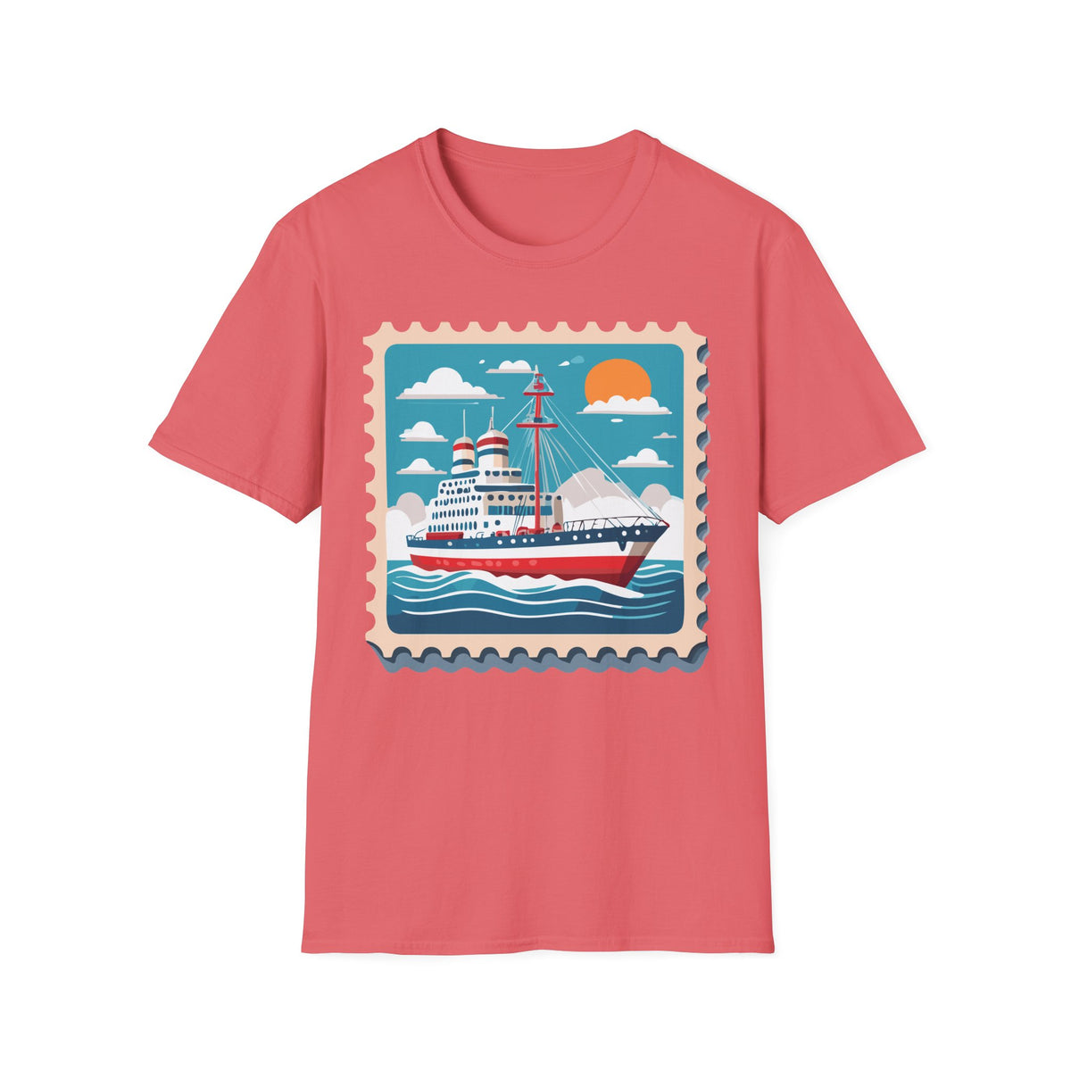 Vintage Cruise Ship Stamp T-Shirt | Nautical Ocean Sunset Design