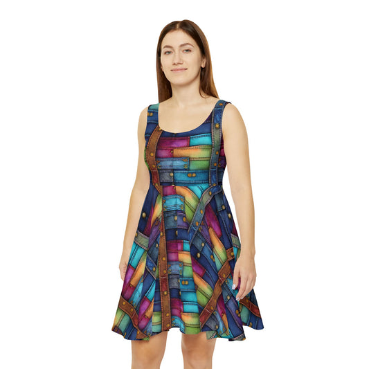 Women Denim Print Skater Dress, Denim Print Poly-Span Dress - 13