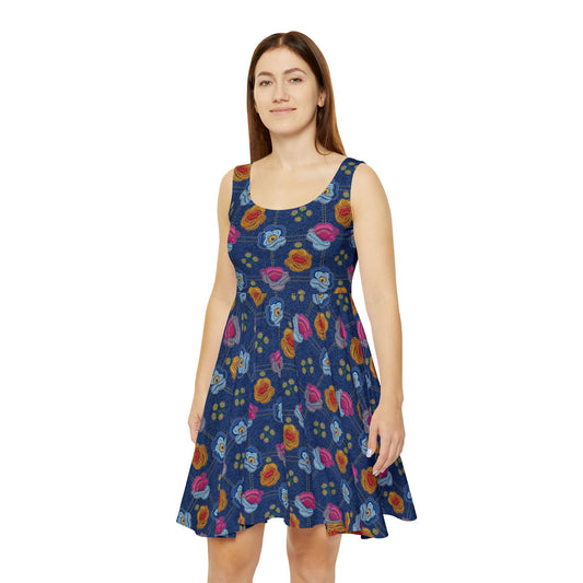 Women Floral Denim Print Skater Dress, Denim Print Poly-Span Dress - 39