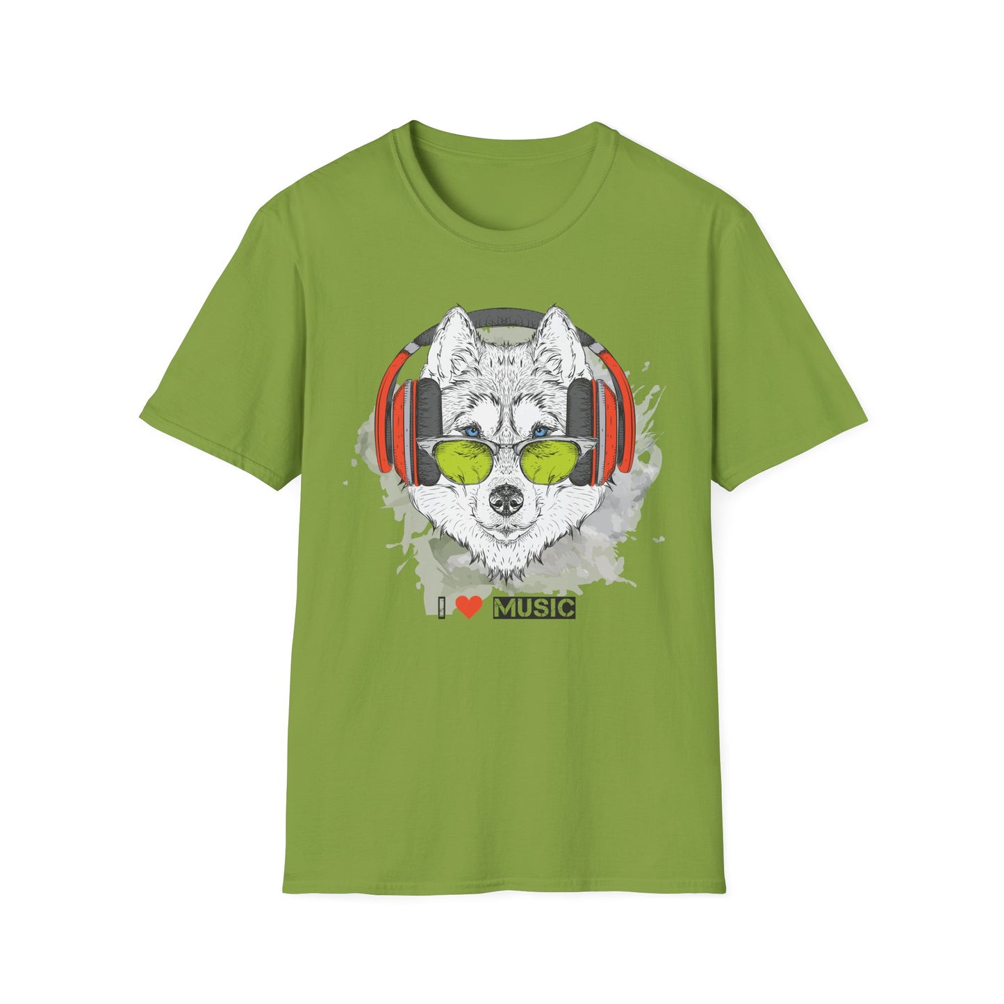 Wolf with Headphones T-Shirt Unisex Cotton Short Sleeves 'I  Music' Graphic Tee
