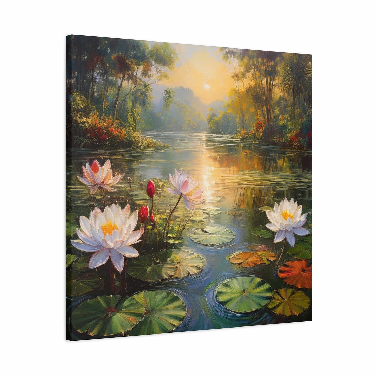 Water Lilies Print Canvas, Oil Paint Print 20x20, 24x24, 30x30, 32x32, 36x36 Floral Art Print Pine-Wood Inner Frame MC-65