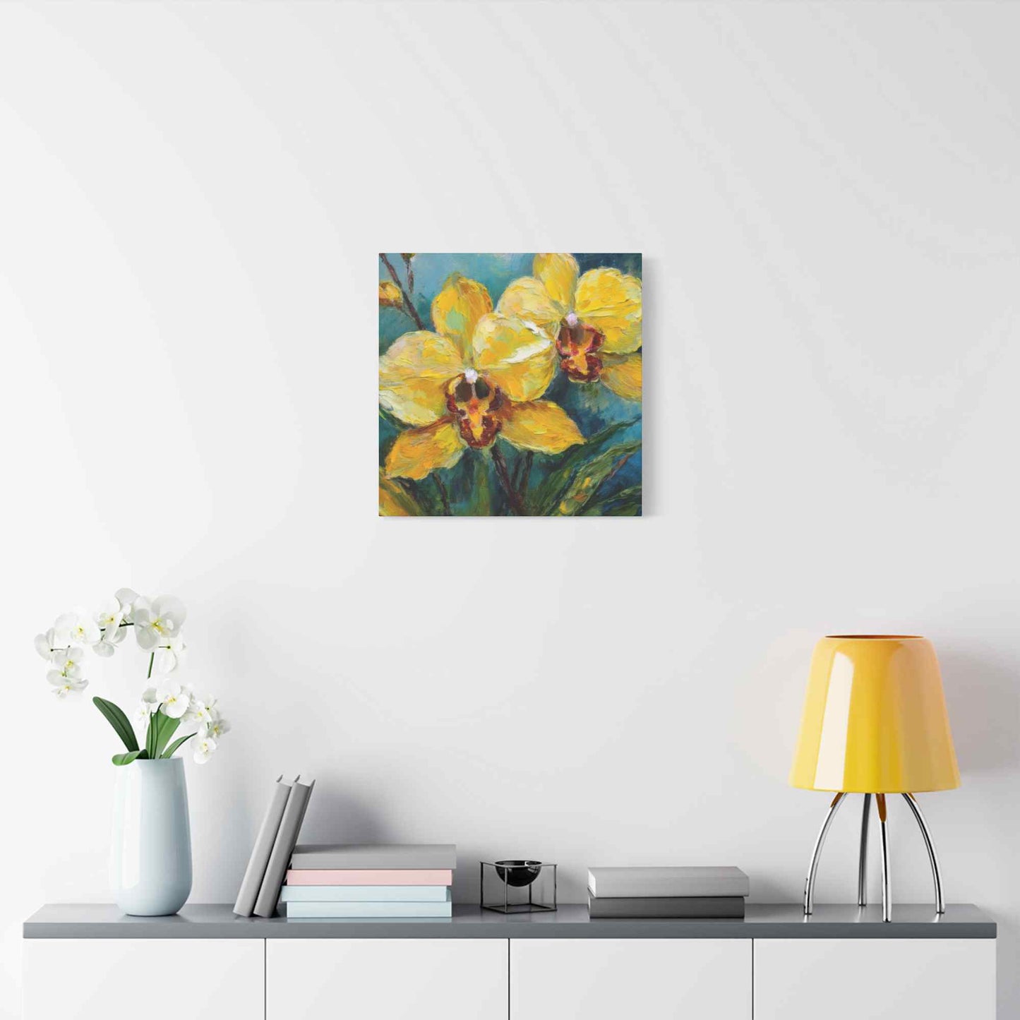 Yellow Orchids Print Canvas, Floral Oil Paint Print 20x20, 24x24, 30x30, 32x32, 36x36 Art Design Pine-Wood Inner Frame MC-139