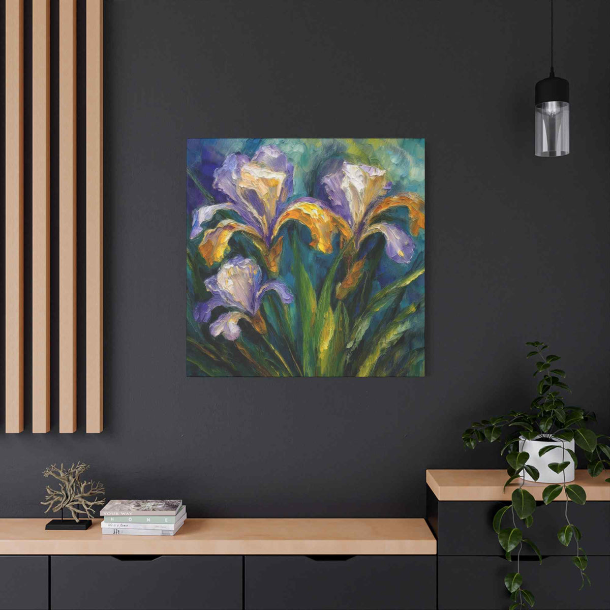 Irises Floral Print Canvas, Floral Oil Paint Print 20x20, 24x24, 30x30, 32x32, 36x36 Art Design Pine-Wood Inner Frame MC-183