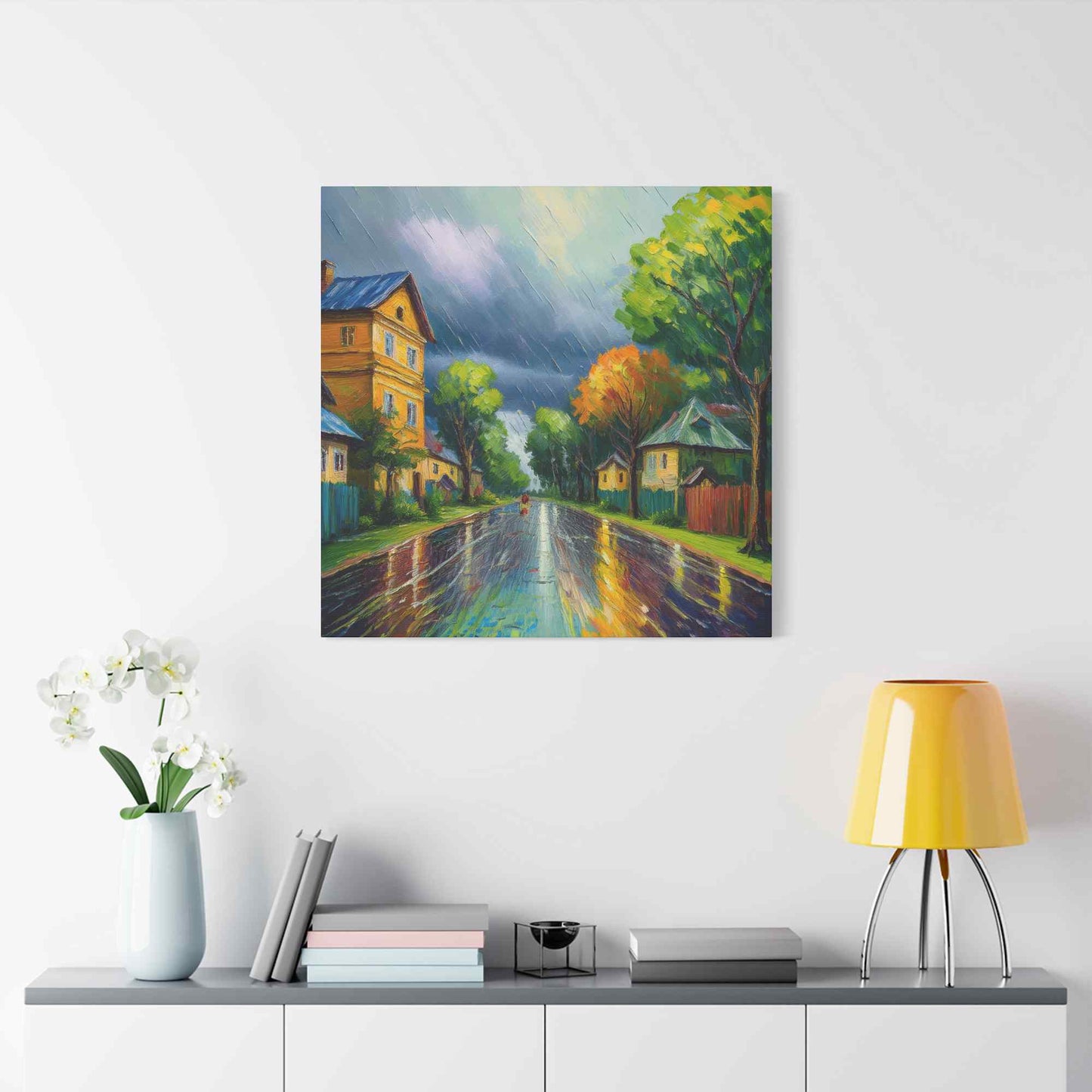 Rainy Village Street Canvas, Matte Oil Paint Print 20x20, 24x24, 30x30, 32x32, 36x36, Art Design Print Non-Frame MC-1