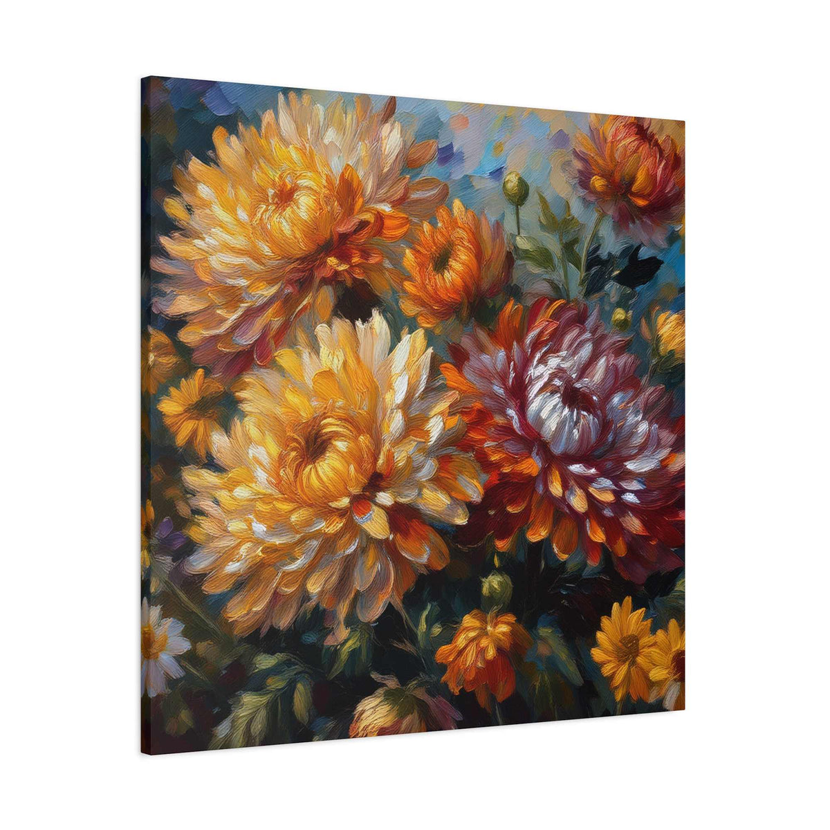 Chrysanthemums Print Canvas, Floral Oil Paint Print 20x20, 24x24, 30x30, 32x32, 36x36 Art Design Pine-Wood Inner Frame MC-157