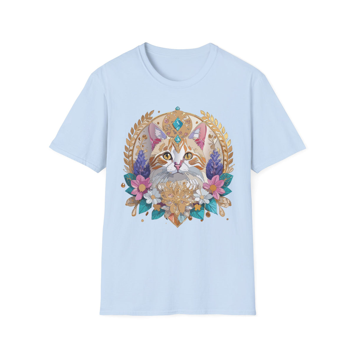 Regal Cat Mandala T-Shirt | Boho Kitty Illustration, Floral Crescent