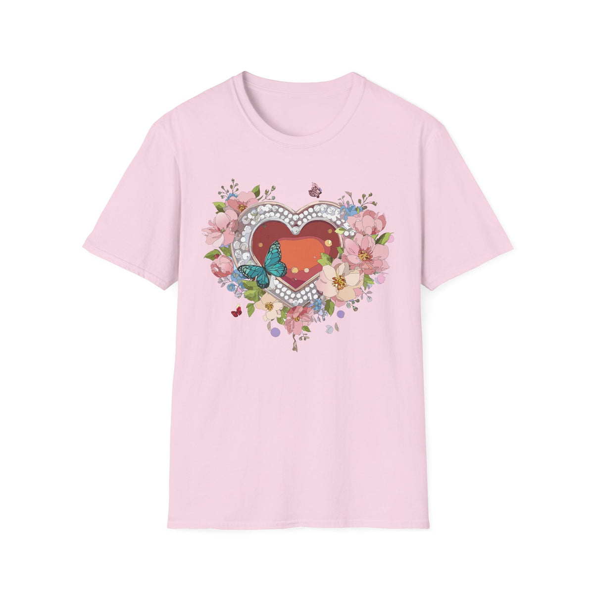 Heart with Floral Wreath and Butterfly T-Shirt | Romantic Floral Tee