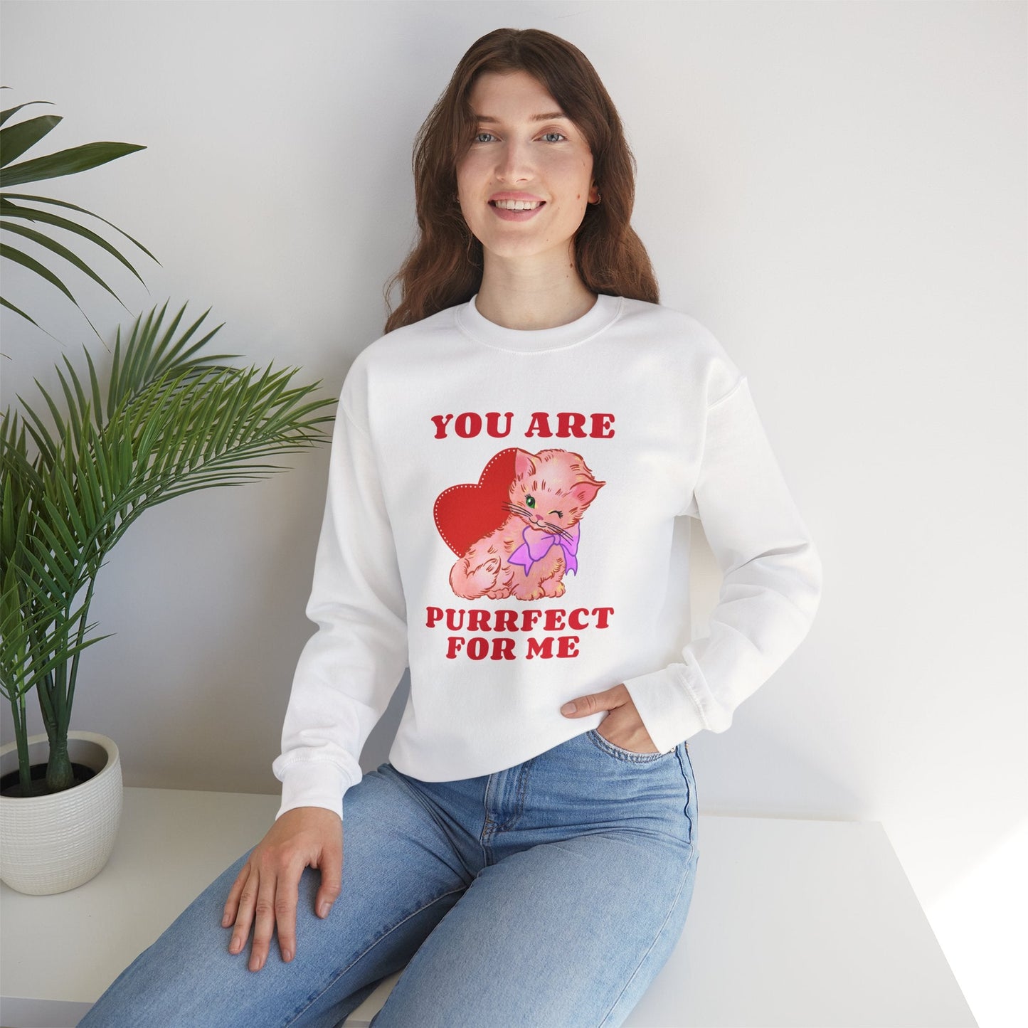 Cat Heart Sweatshirt Unisex Valentines Day Fifty Fifty Cotton Poly Blend Crewneck