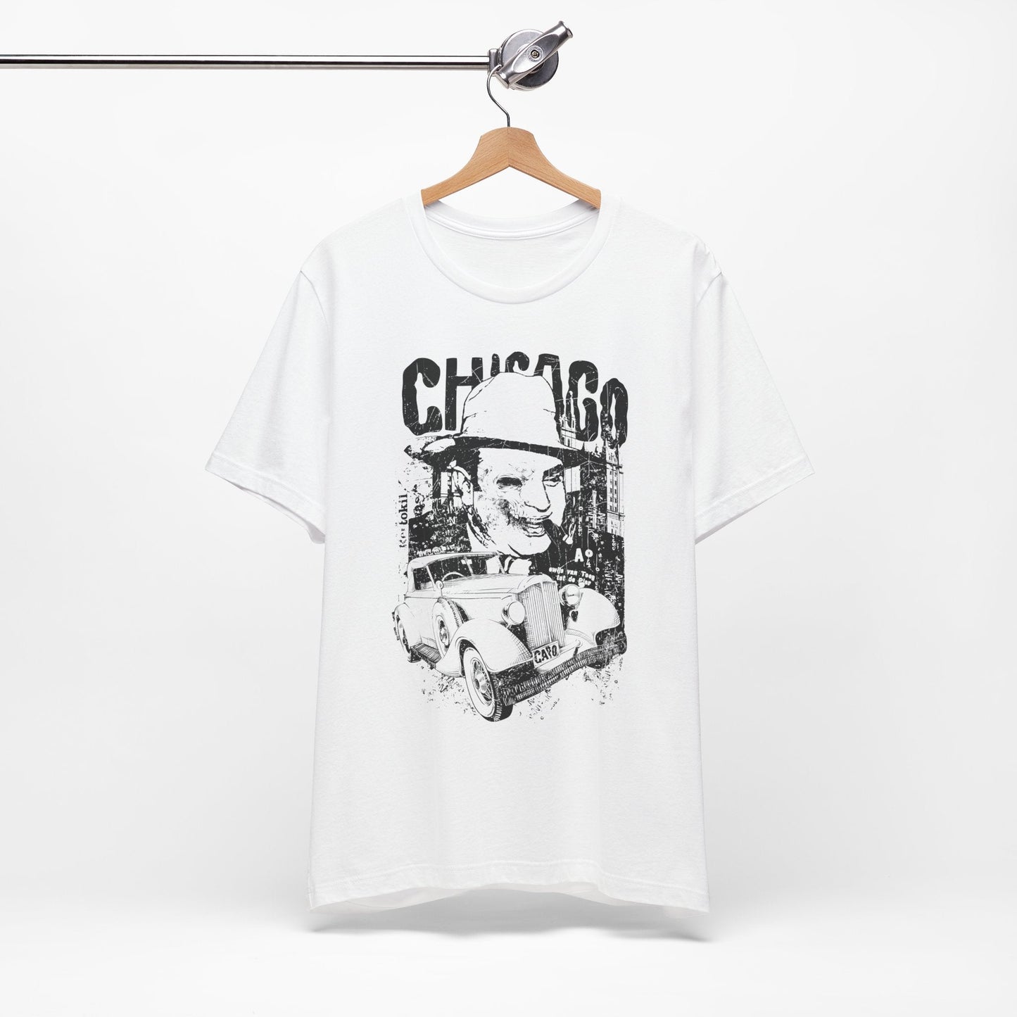 Chicago Retro Mobster Illustration Tee Vintage Car Cityscape Art Design T-Shirt A-8