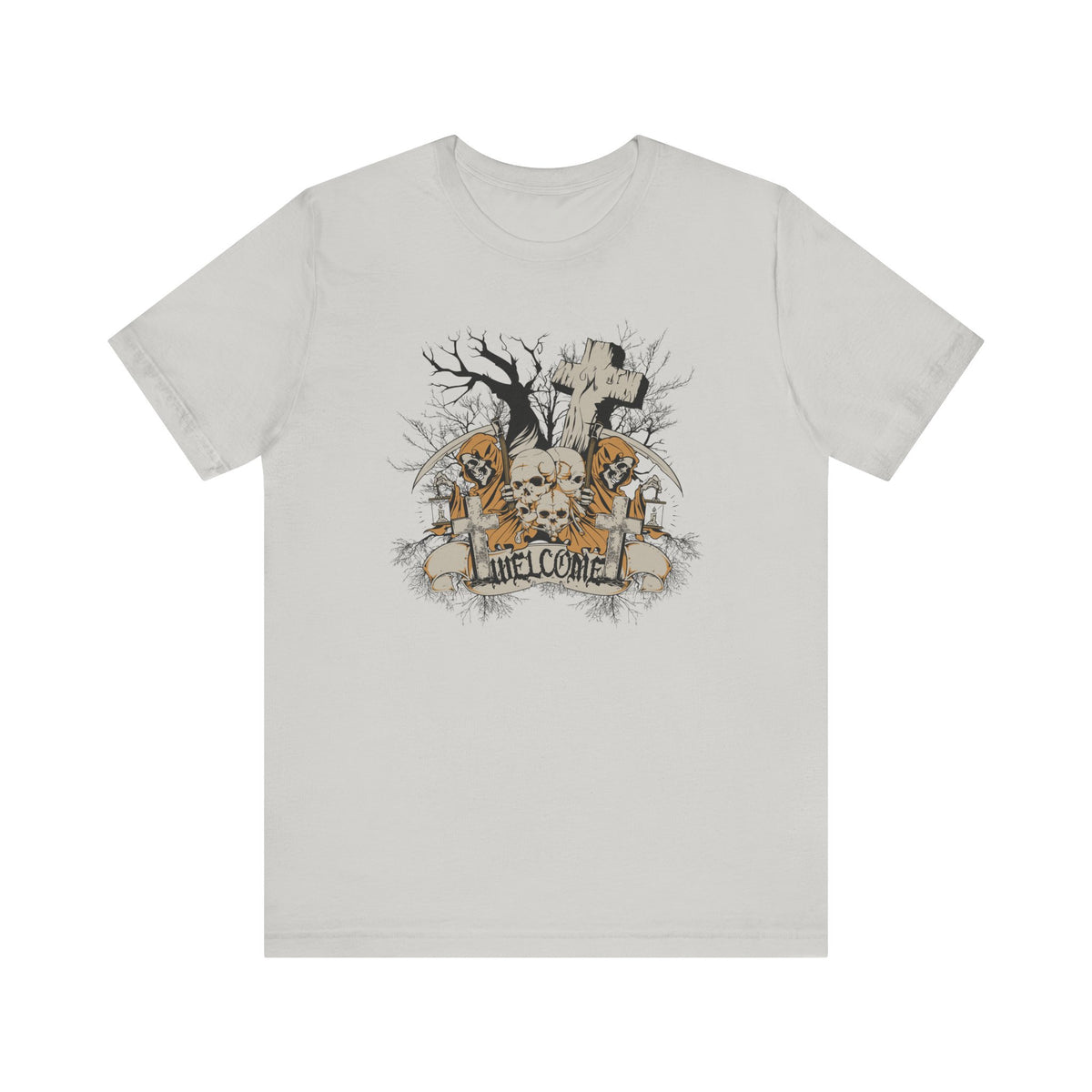Skull Graveyard Welcome Tee Halloween Haunted Tree Cross Tombstone Unisex Cotton Art-50