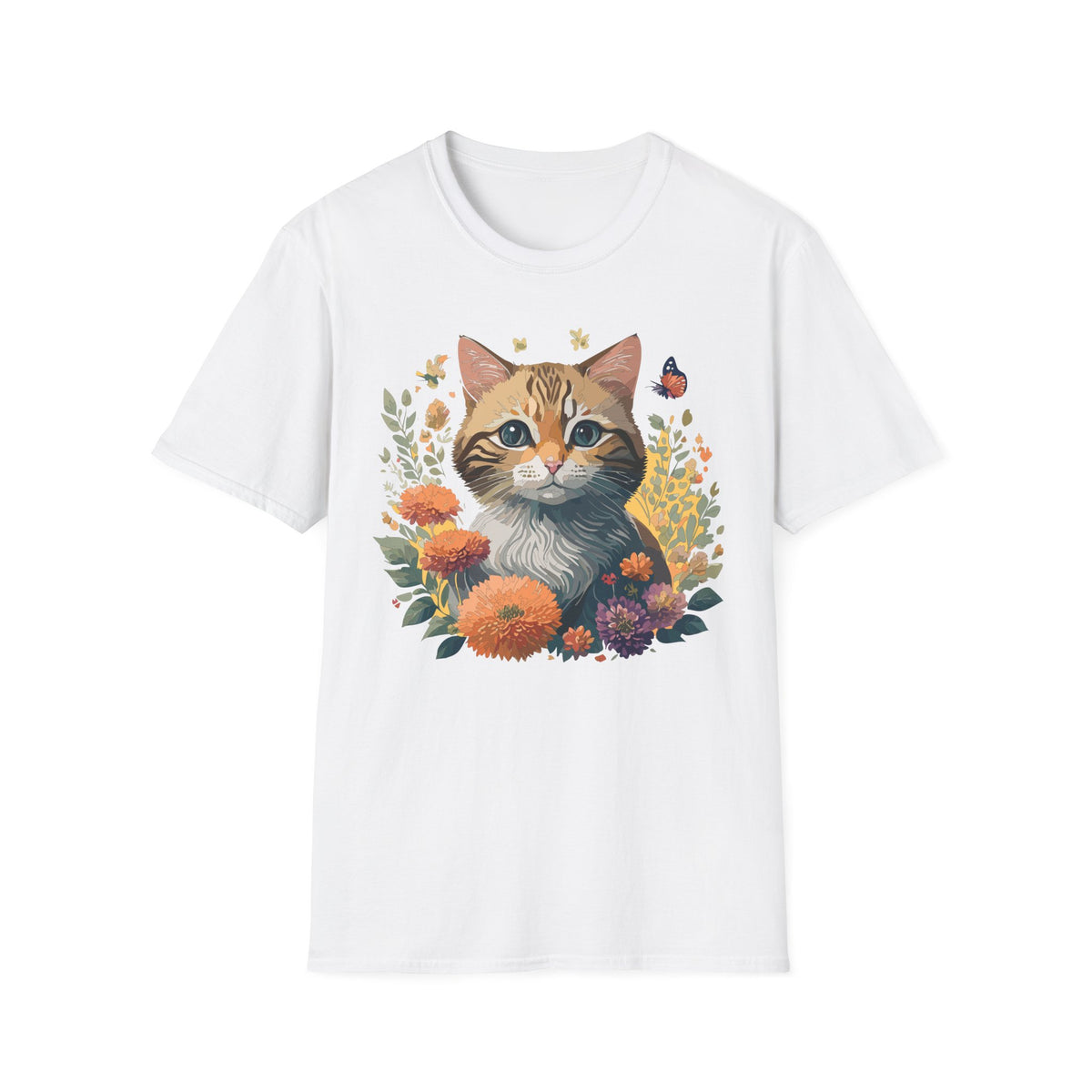 Cute Tabby Kitten Floral Illustration T-Shirt | Cat, Butterfly, Wildflowers Graphic Tee Unisex 100 Cotton Gildan T-Shirt