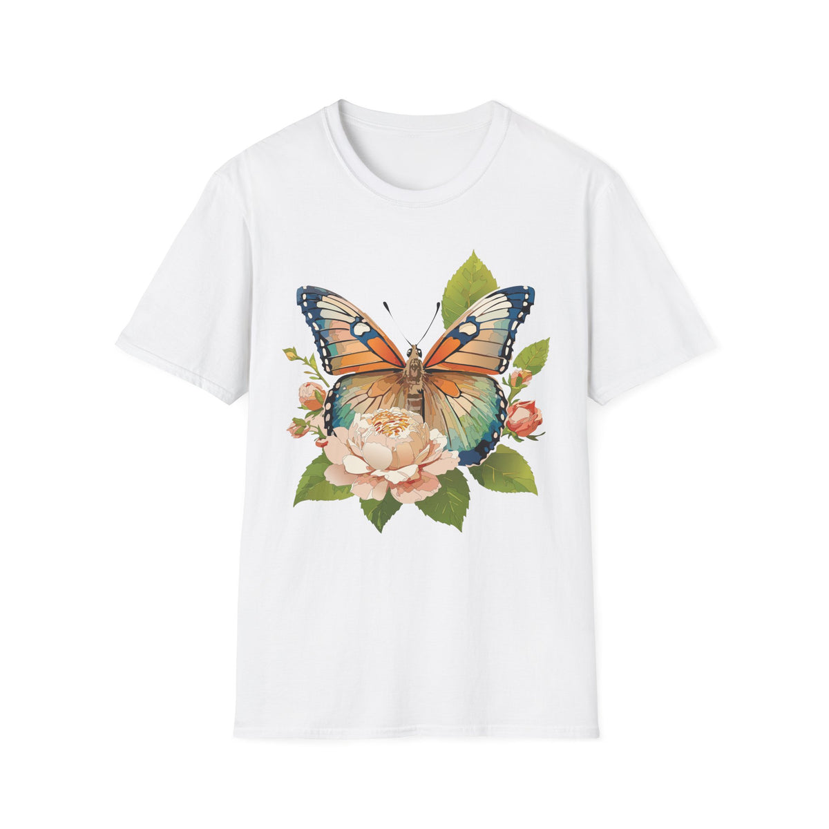 Butterfly Floral T-Shirt — Watercolor Monarch & Roses Graphic Tee Unisex 100 Cotton Gildan T-Shirt