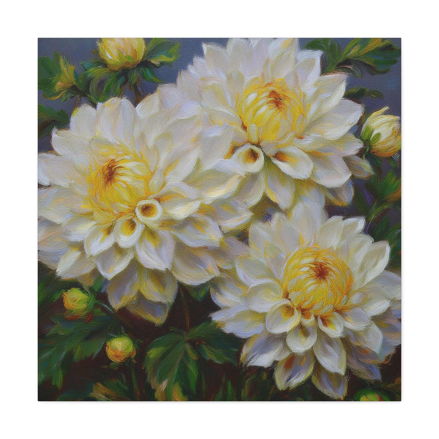 White Dahlias Print Canvas, Floral Oil Paint Print 20x20, 24x24, 30x30, 32x32, 36x36 Art Design Pine-Wood Inner Frame MC-168