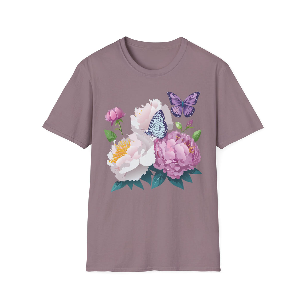 Floral Peonies & Butterflies T-Shirt — pastel garden tee for spring, Mother's Day Graphic Tee Unisex 100 Cotton Gildan T-Shirt