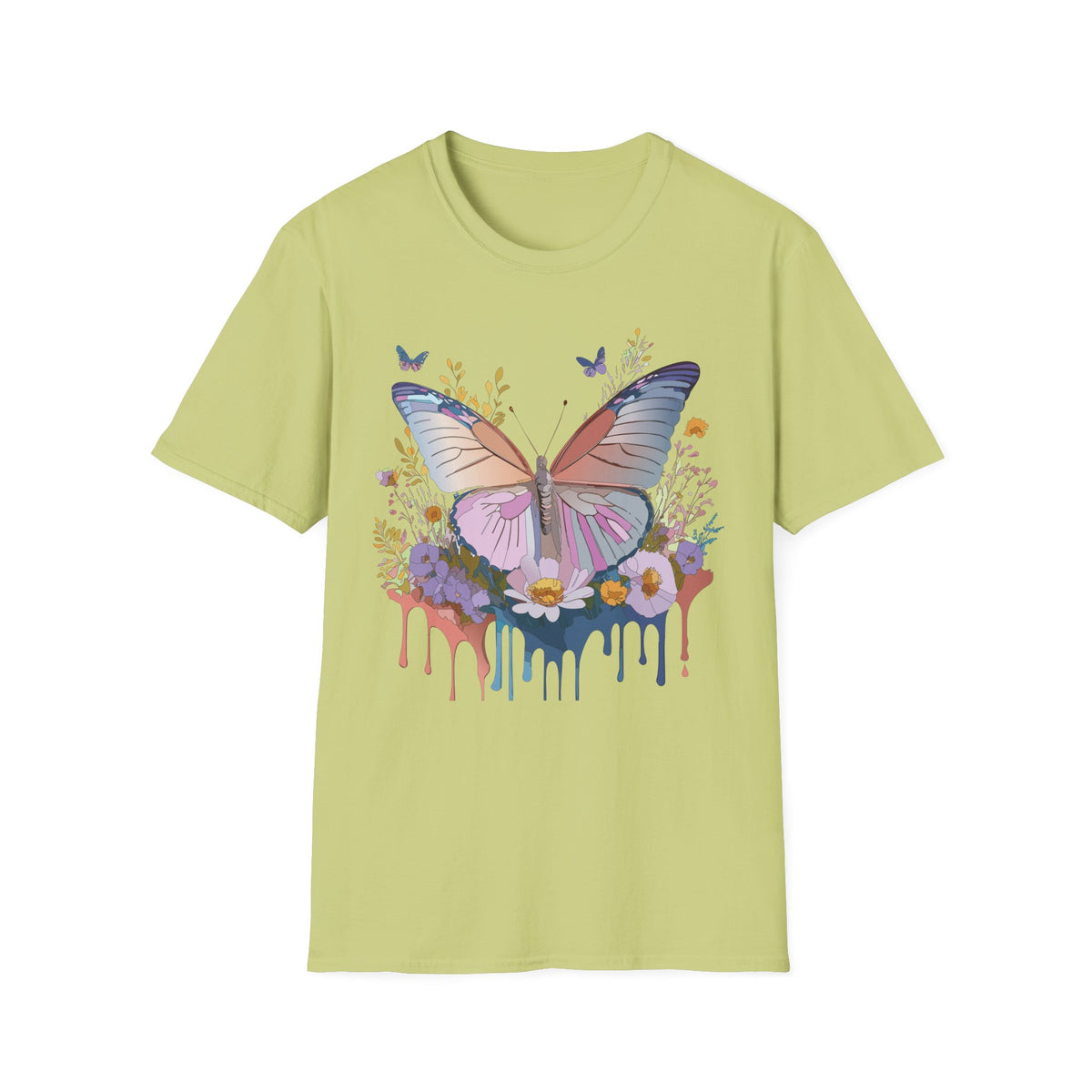 Butterfly Floral T-Shirt — Pastel Watercolor Wings with Drip Art Graphic Tee Unisex 100 Cotton Gildan T-Shirt