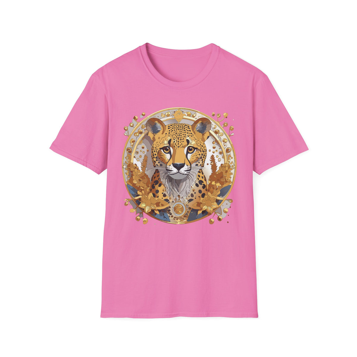 Golden Cheetah Face T-Shirt | Floral Accent, Boho Circle Design