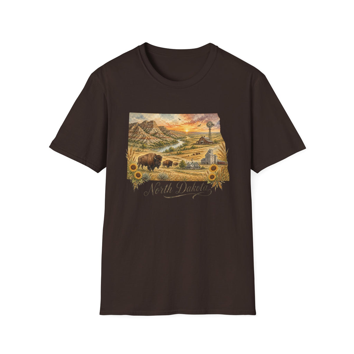 North Dakota State Travel Tourist Graphic Design Unisex 100 Cotton Gildan T-Shirt