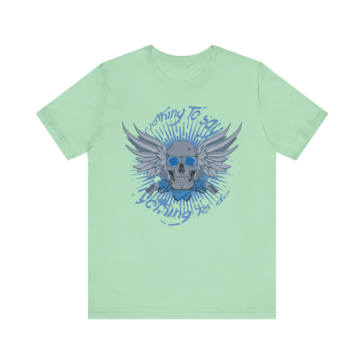 Winged Skull Graphic Tee Blue Skull with Wings Radiant Burst Unisex Cotton