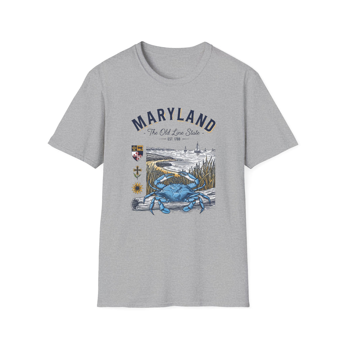 Maryland Blue Crab Scenic T-Shirt — The Old Line State Coastal Design Travel Tourist Graphic Design Unisex 100 Cotton Gildan T-Shirt