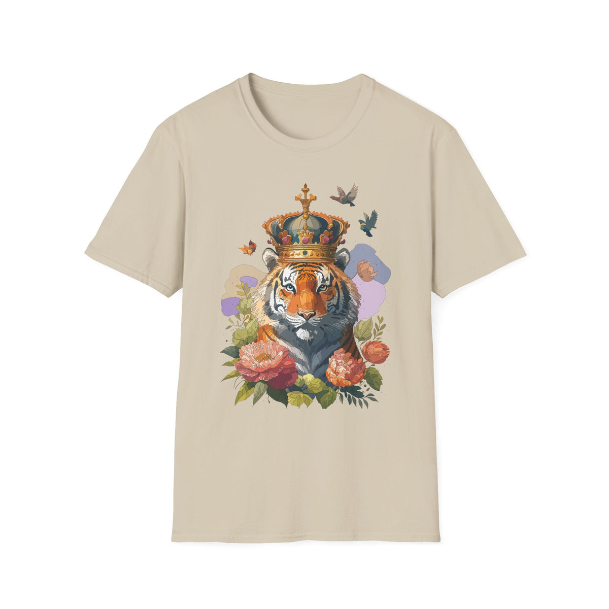 Crowned Tiger Illustration T-Shirt | Floral, Birds, Regal Wildlife Art - Unisex 100 Cotton Gildan 64000