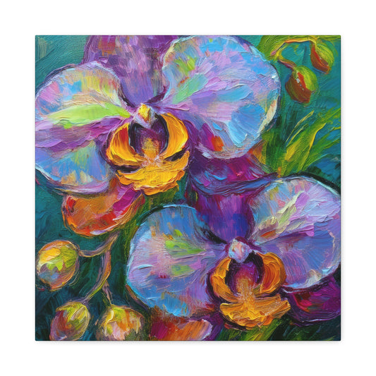 Blue Orchids Print Canvas, Floral Oil Paint Print 20x20, 24x24, 30x30, 32x32, 36x36 Art Design Pine-Wood Inner Frame MC-133