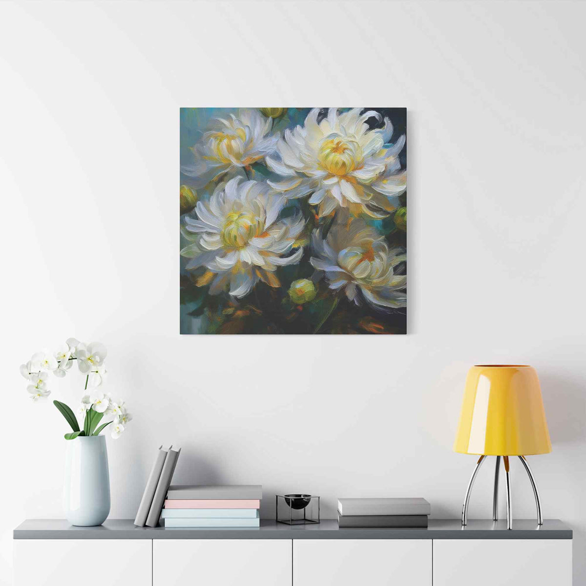 Chrysanthemums Print Canvas, Floral Oil Paint Print 20x20, 24x24, 30x30, 32x32, 36x36 Art Design Pine-Wood Inner Frame MC-159