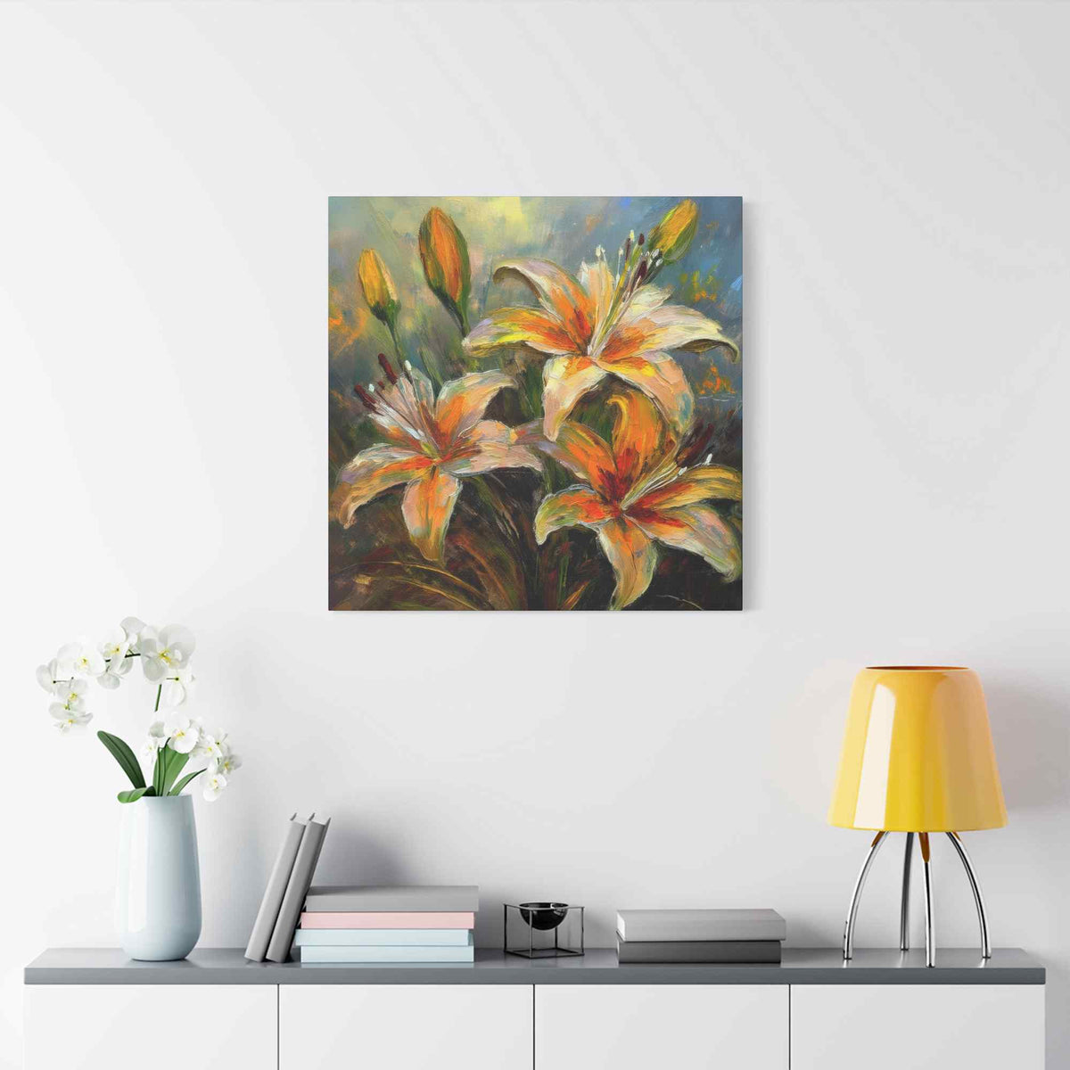 Gold Lilies Print Canvas, Floral Oil Paint Print 20x20, 24x24, 30x30, 32x32, 36x36 Art Design Pine-Wood Inner Frame MC-152