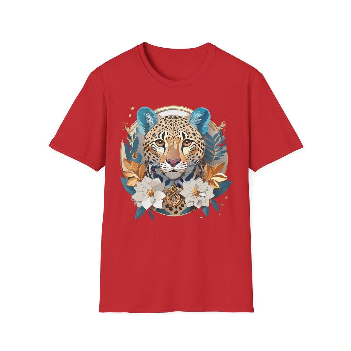 Boho Cheetah Face T-Shirt | Floral Leaves Illustration