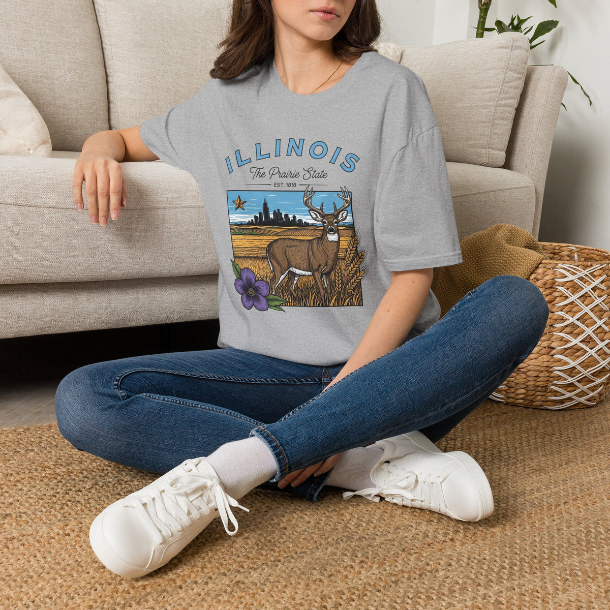 Illinois Deer State T-Shirt — The Prairie State Travel Tourist Graphic Design Unisex 100 Cotton Gildan T-Shirt