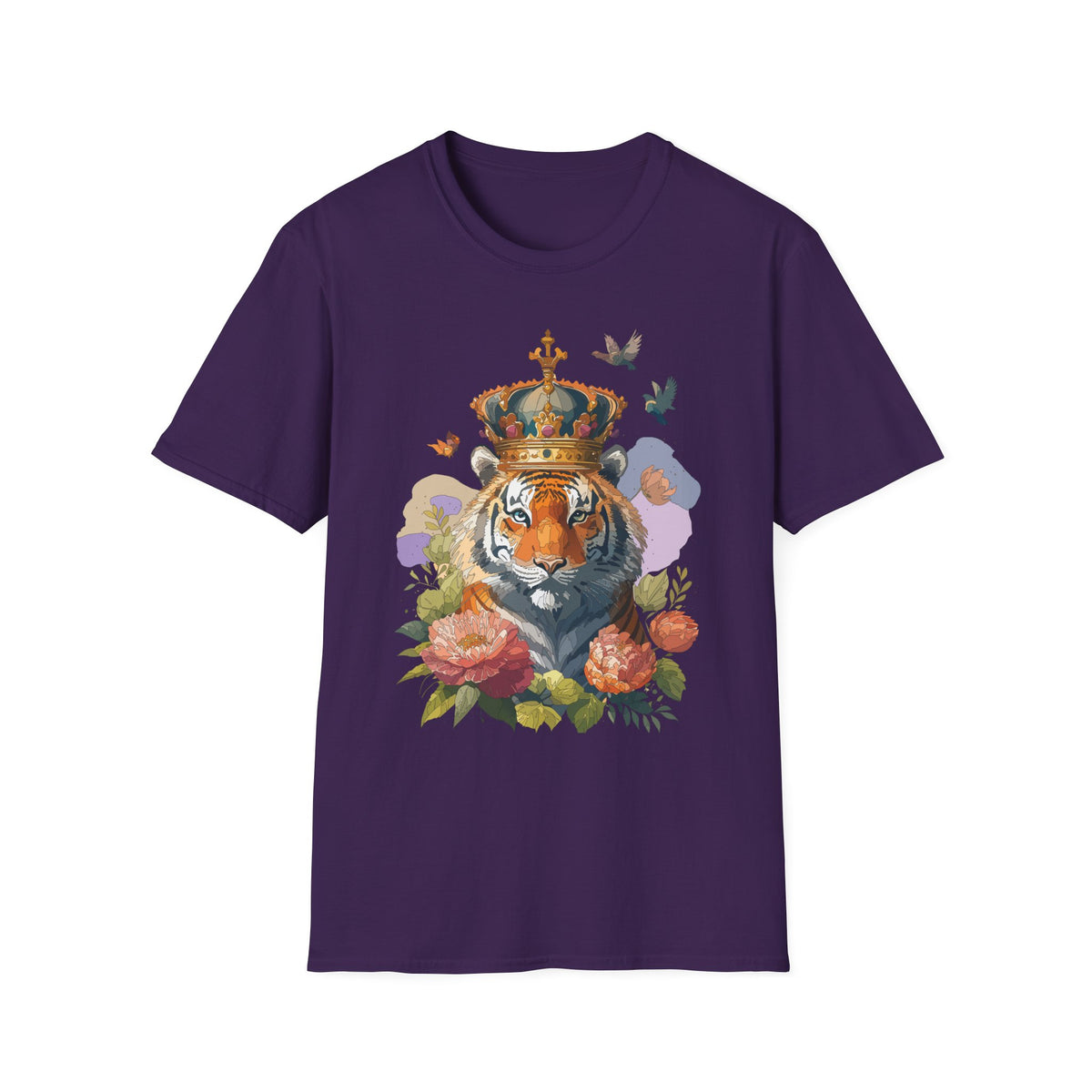 Crowned Tiger Illustration T-Shirt | Floral, Birds, Regal Wildlife Art - Unisex 100 Cotton Gildan 64000