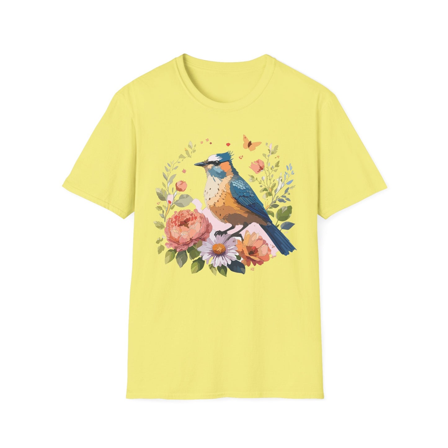 Floral Bird T Shirt Unisex Softstyle Gildan 64000 Tee 100 Percent Ring Spun Cotton