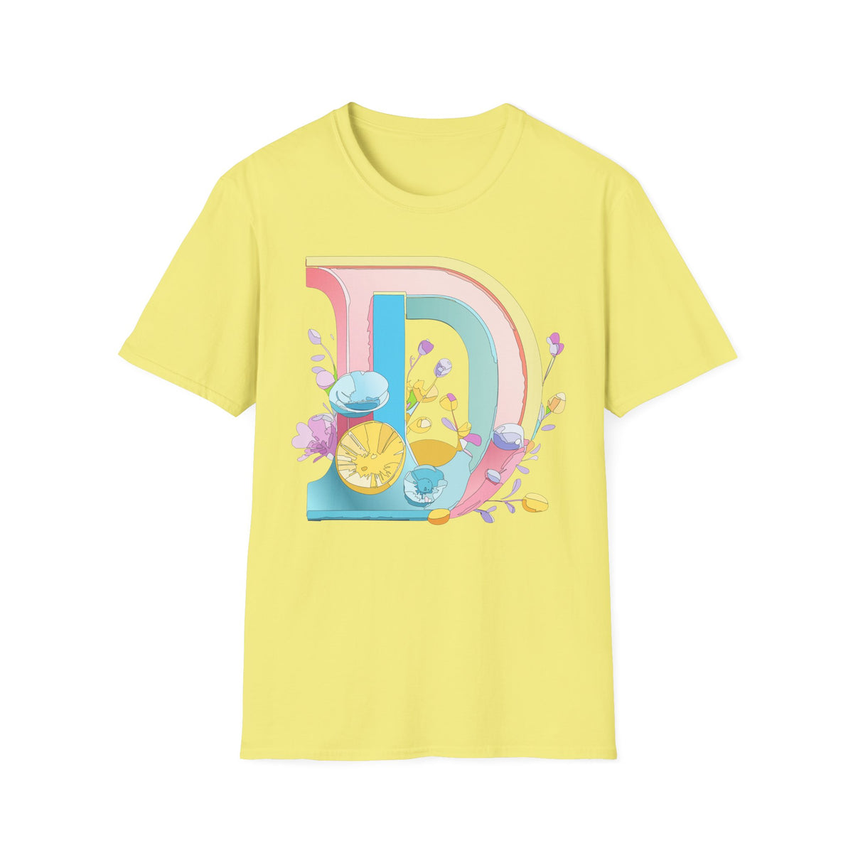 Retro Rainbow Letter D T-Shirt | Floral Lemon Initial Graphic