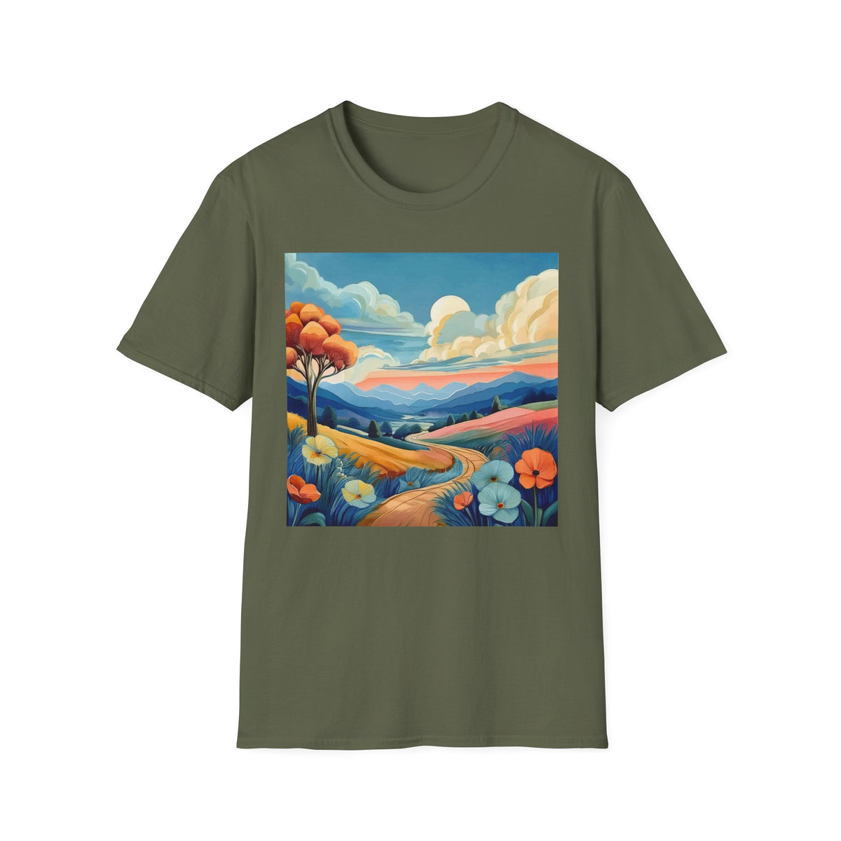 Colorful Mountain Landscape Graphic Posters, Post Stamps Design Unisex 100 Cotton Gildan T-Shirt