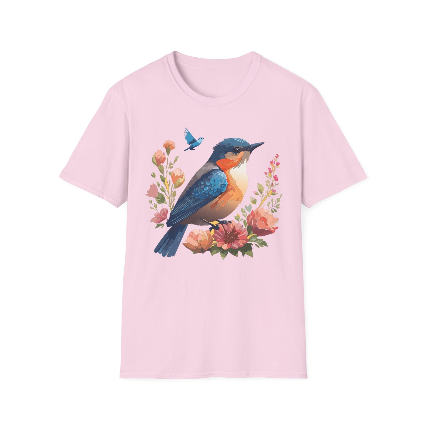 Bluebird Floral T-Shirt Colorful Bird Flowers Tee Unisex Cotton Short Sleeves Tee Shirt with Bird 9