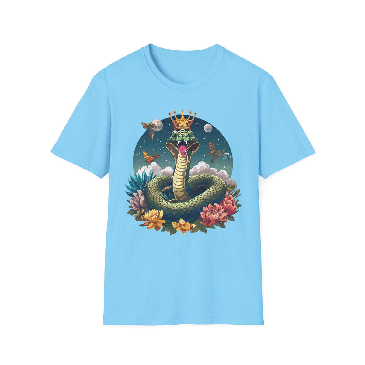 Crowned Snake Illustration T-Shirt | Regal Serpent, Floral Night Scene