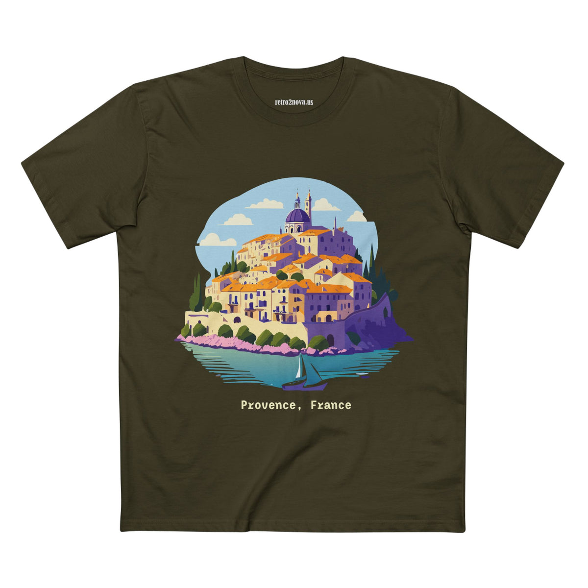 Provence France Village Illustration T-Shirt | Coastal Sailboat Scenic Tee
