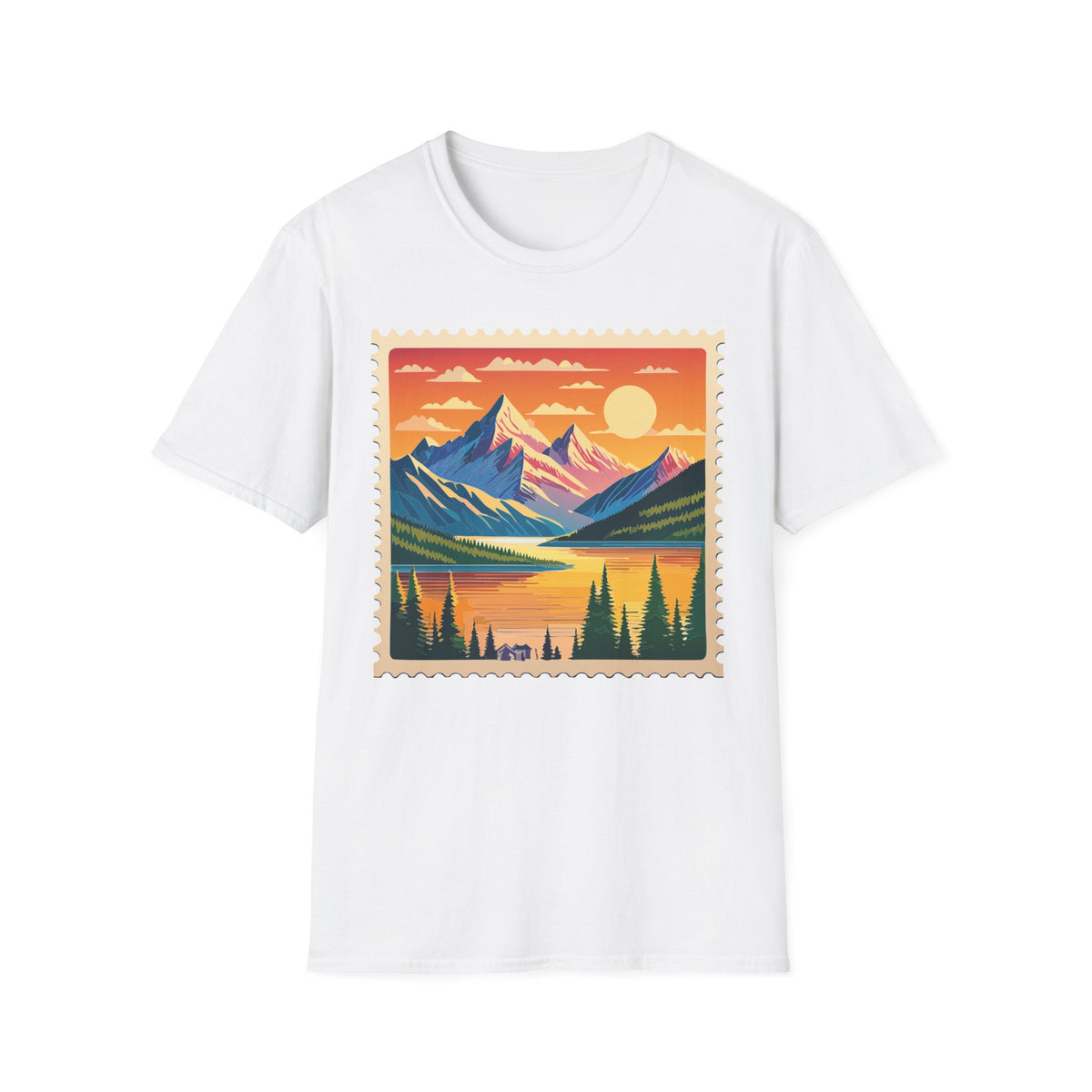 Sunset Mountain Landscape T-Shirt | Vintage Stamp Style