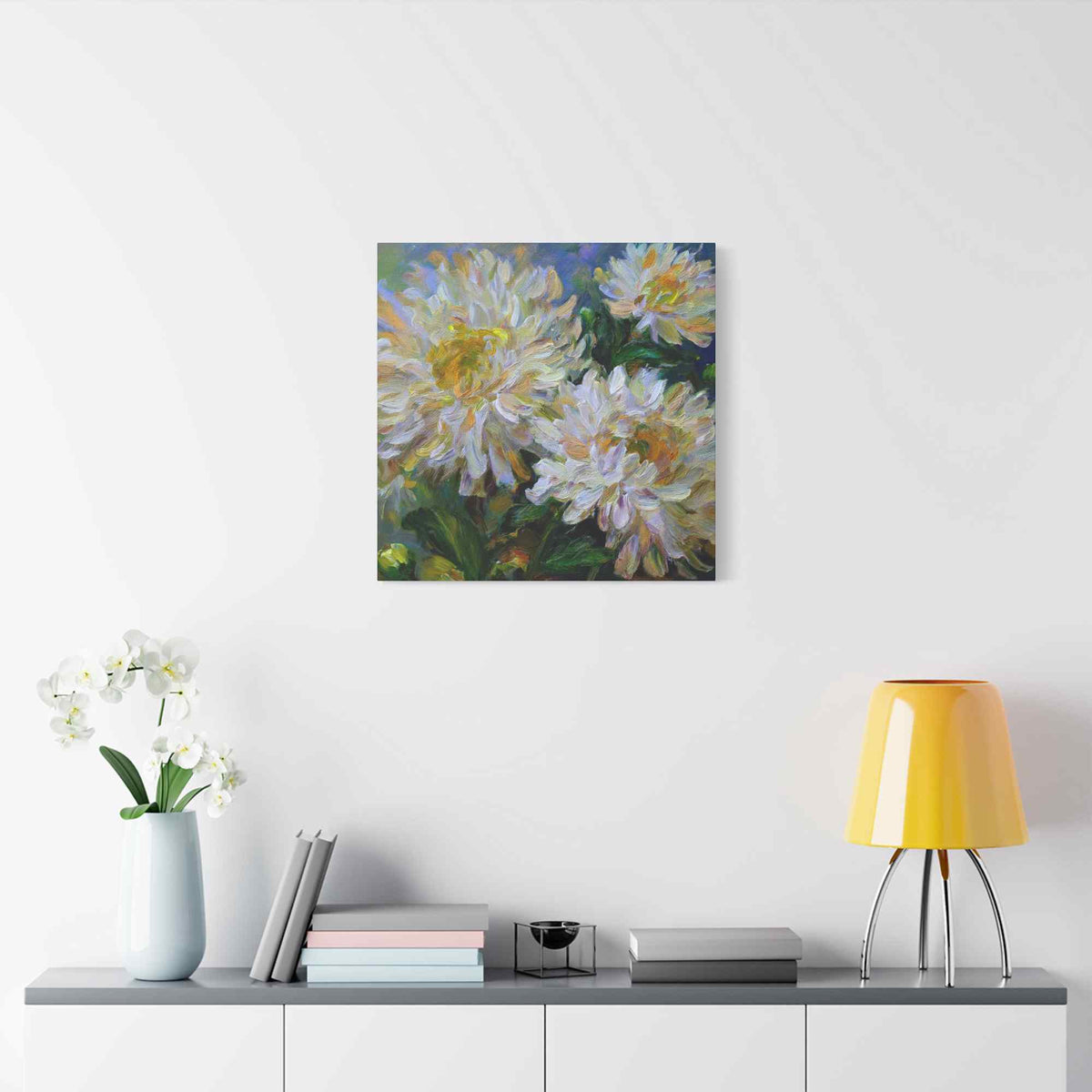 Chrysanthemums Print Canvas, Floral Oil Paint Print 20x20, 24x24, 30x30, 32x32, 36x36 Art Design Pine-Wood Inner Frame MC-160