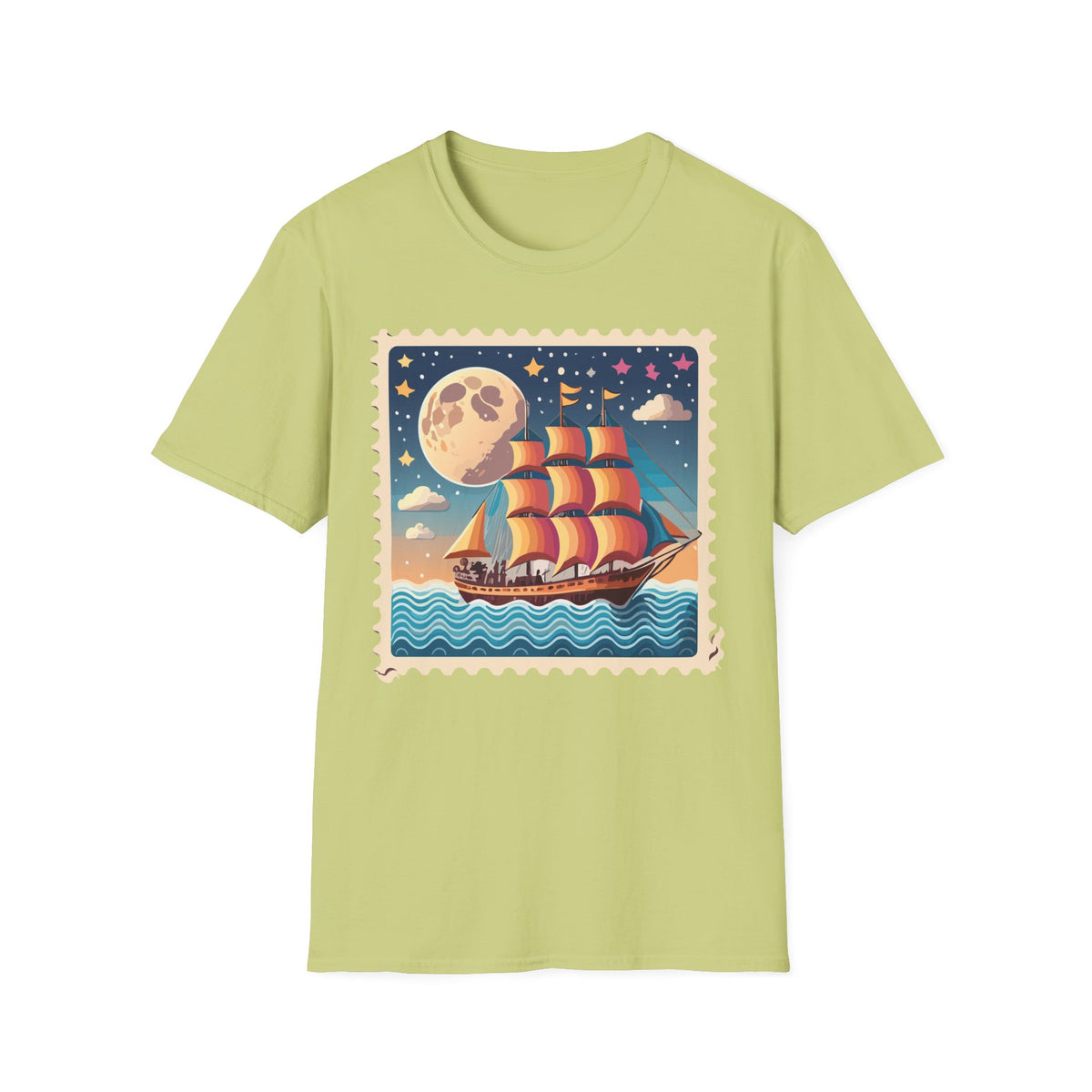 Vintage Sailboat Moon Illustration T-Shirt | Nautical Night Sky