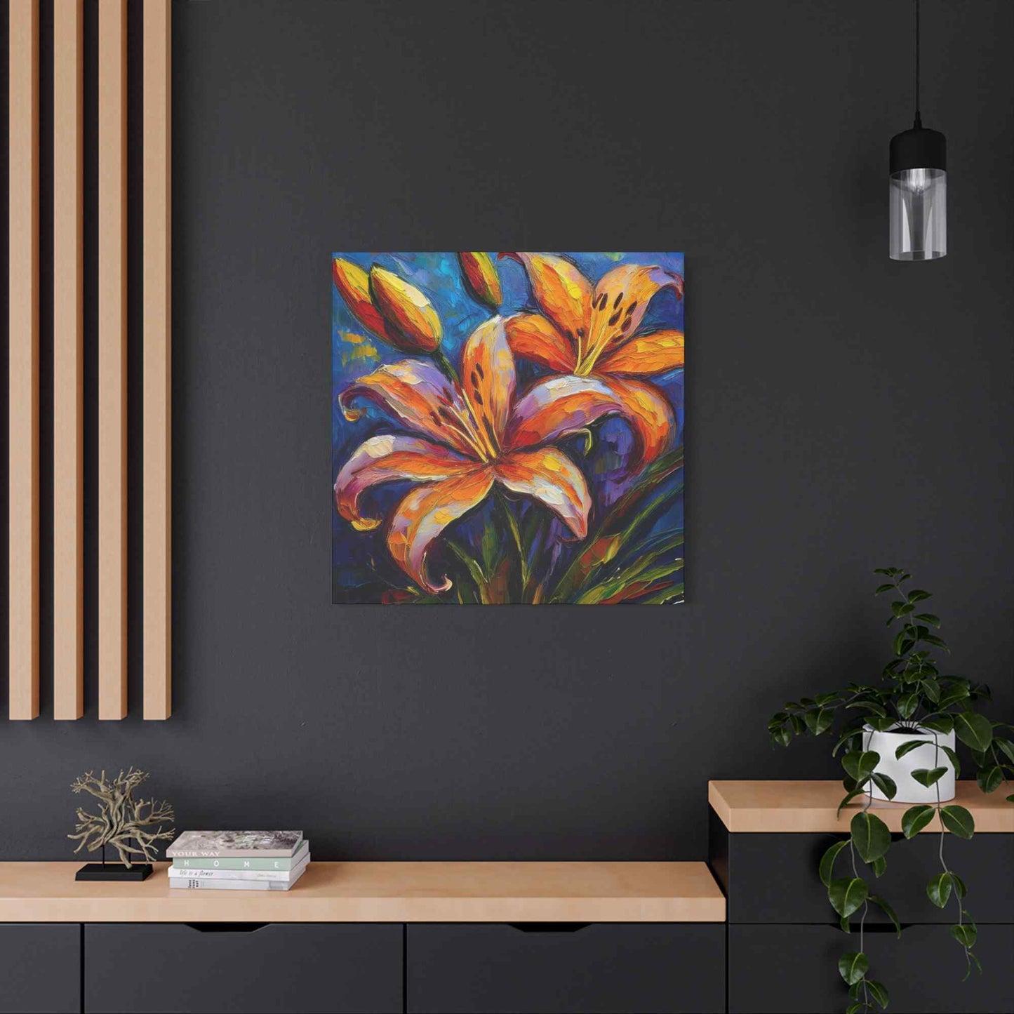 Gold Lilies Print Canvas, Floral Oil Paint Print 20x20, 24x24, 30x30, 32x32, 36x36 Art Design Pine-Wood Inner Frame MC-151