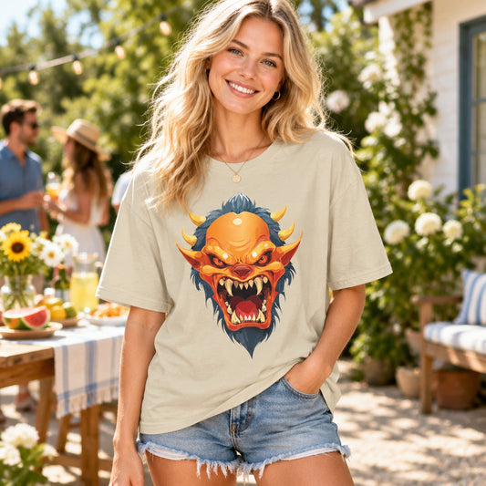 Demonic Oni Mask T-Shirt — Fierce Japanese Demon Face Cartoon Graphic Tee Unisex 100 Cotton Gildan T-Shirt