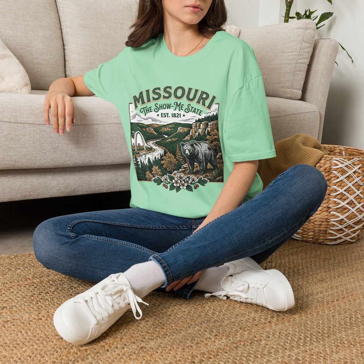 Missouri Vintage State Pride T-Shirt — State Scenic Bear Design Travel Tourist Graphic Design Unisex 100 Cotton Gildan T-Shirt