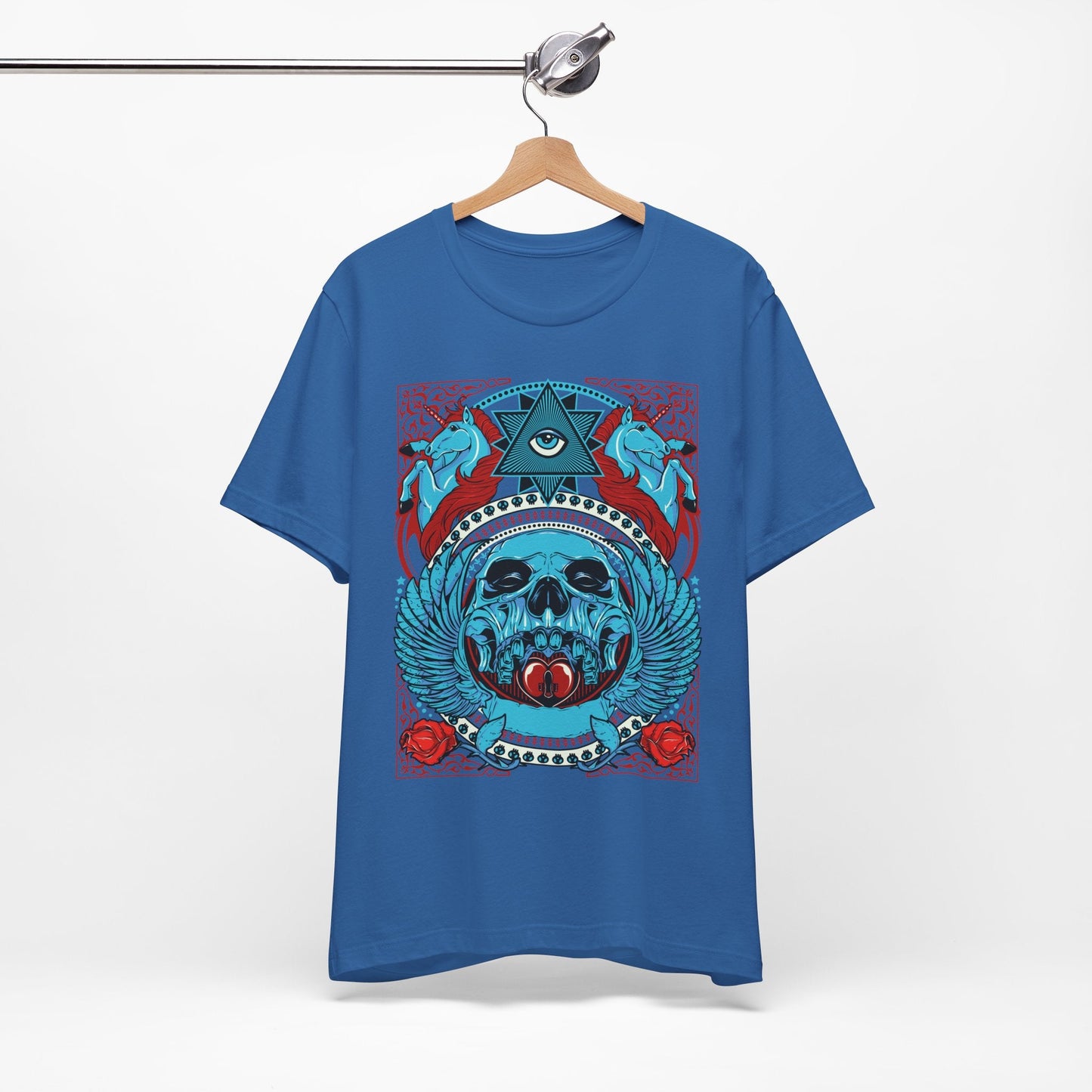 All-Seeing Skull Illustration Tee Winged Skull Third Eye Roses T-Shirt
