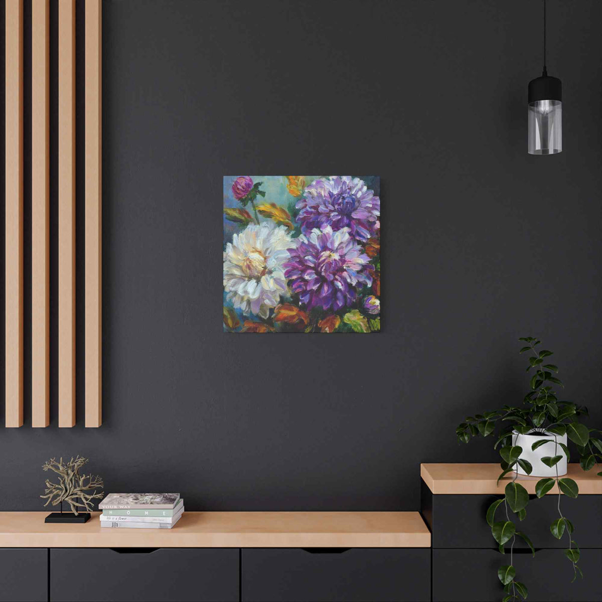 Dahlias Floral Print Canvas, Floral Oil Paint Print 20x20, 24x24, 30x30, 32x32, 36x36 Art Design Pine-Wood Inner Frame MC-173