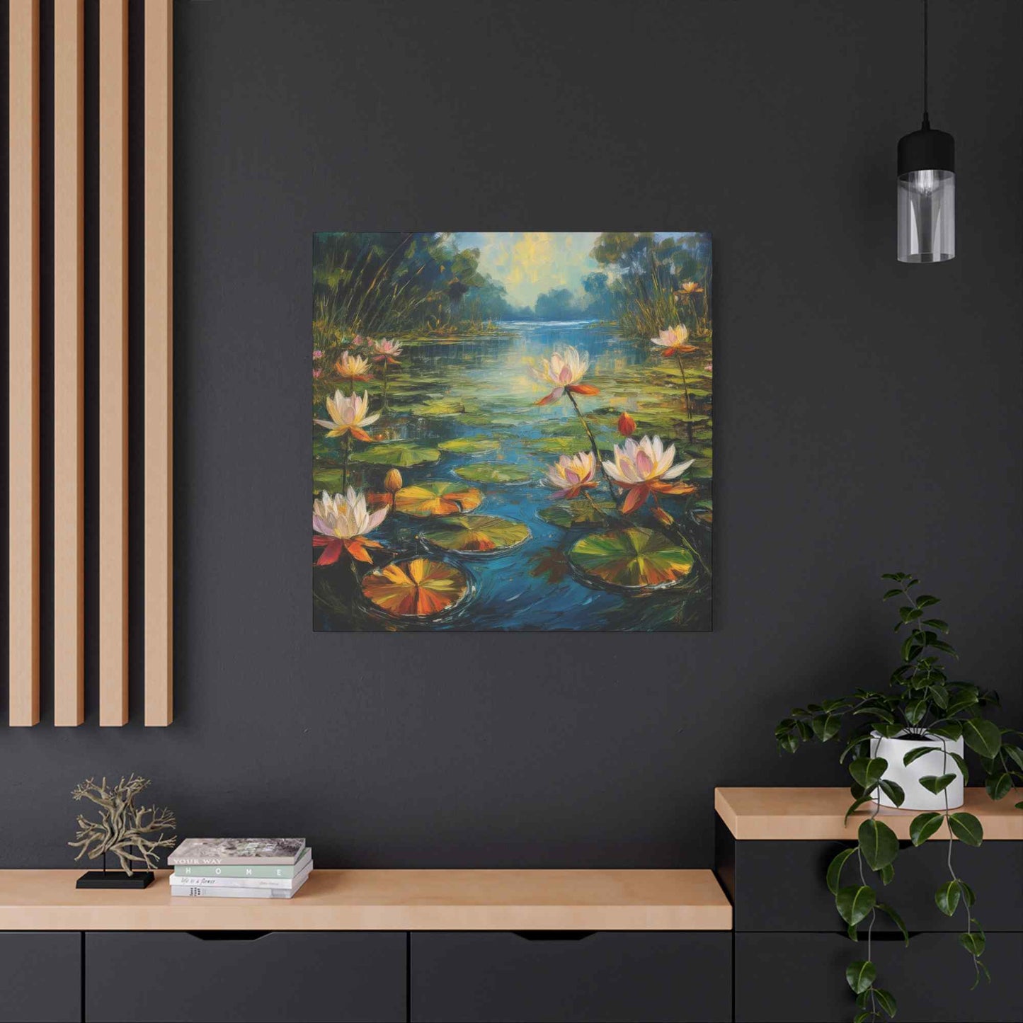Water Lilies Print Canvas, Oil Paint Print 20x20, 24x24, 30x30, 32x32, 36x36 Art Design Print Pine-Wood Inner Frame MC-62
