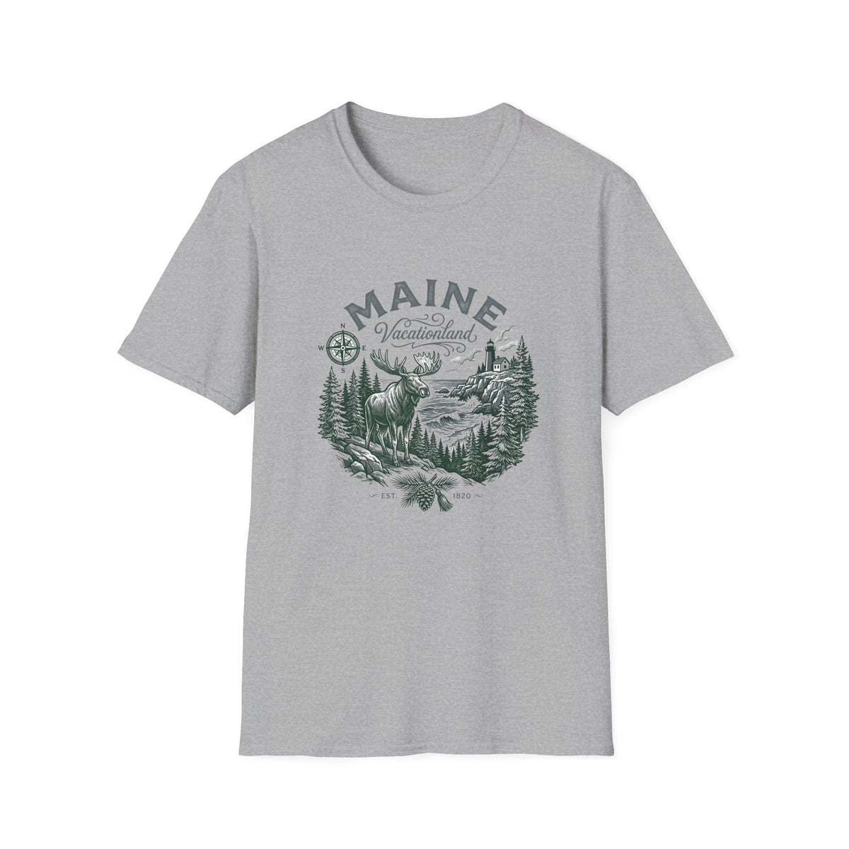 Maine Wilderness Moose Graphic T-Shirt — Vintage State Nature Travel Tourist Graphic Design Unisex 100 Cotton Gildan T-Shirt