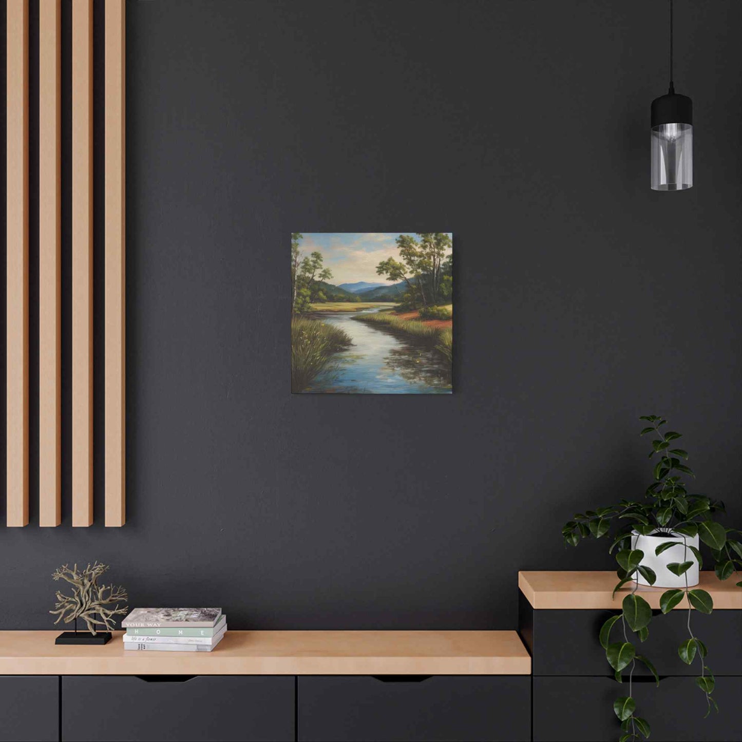 River Print Canvas, Landscape Oil Paint Print 20x20, 24x24, 30x30, 32x32, 36x36 Art Design Print Pine-Wood Inner Frame MC-50