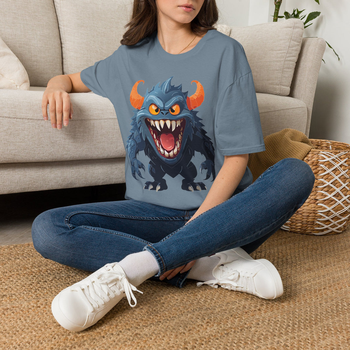 Monster Graphic T-Shirt — Fierce Blue Horned Creature Cartoon Graphic Tee Unisex 100 Cotton Gildan T-Shirt