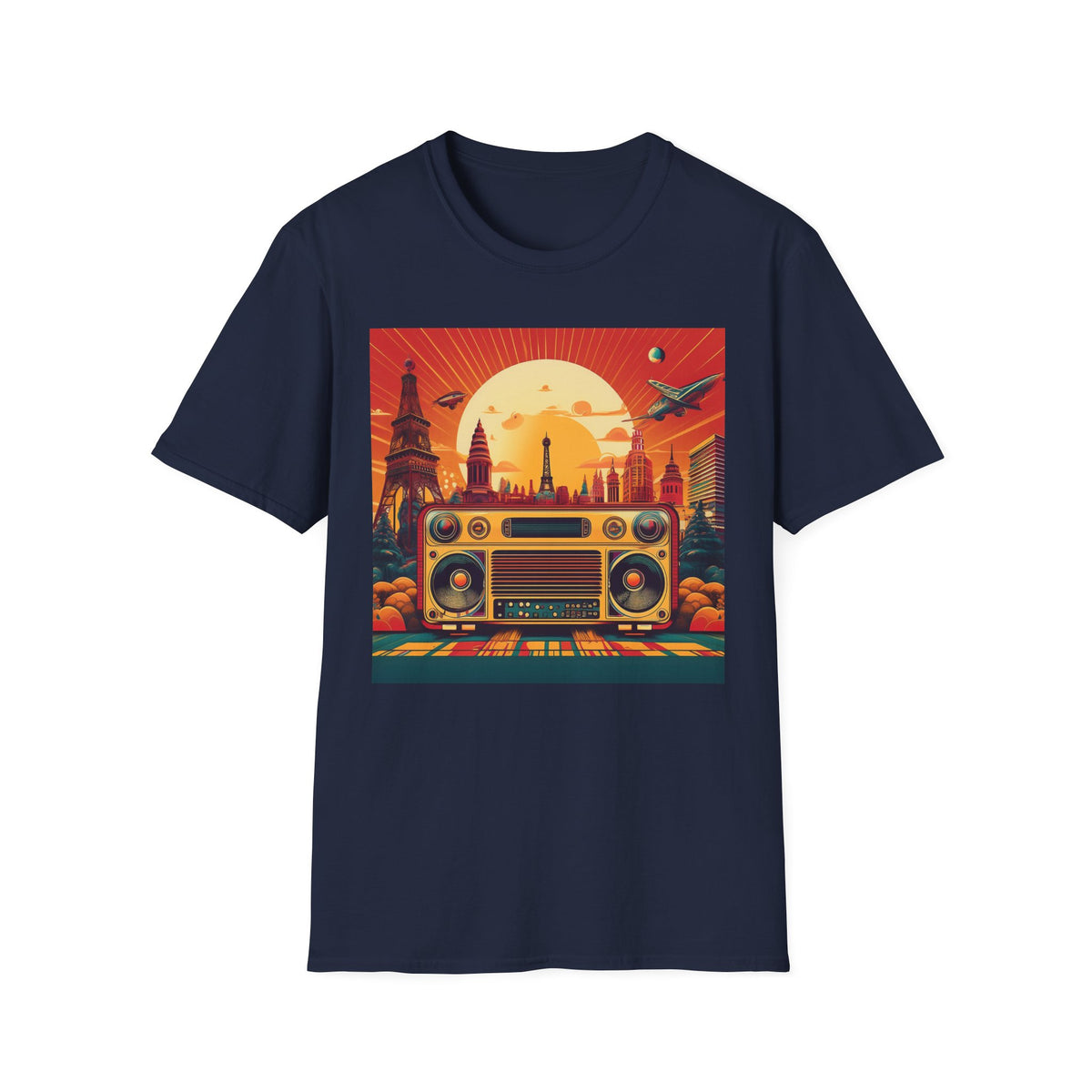 Retro Boombox Sunset Cityscape Graphic Posters, Post Stamps Design Unisex 100 Cotton Gildan T-Shirt