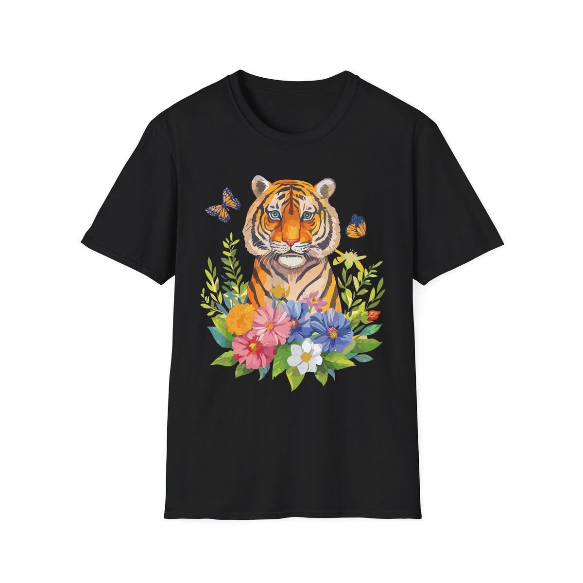 Tiger Portrait T-Shirt | Watercolor Tiger with Butterflies and Floral Accents